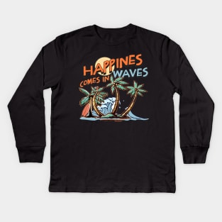 Happiness Comes In Waves, Hello Summer Vintage Funny Surfer Riding Surf Surfing Lover Gifts Kids Long Sleeve T-Shirt